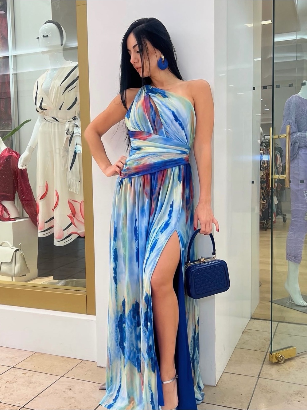 One-Shoulder Blue Multiwaterprint Maxi Dress